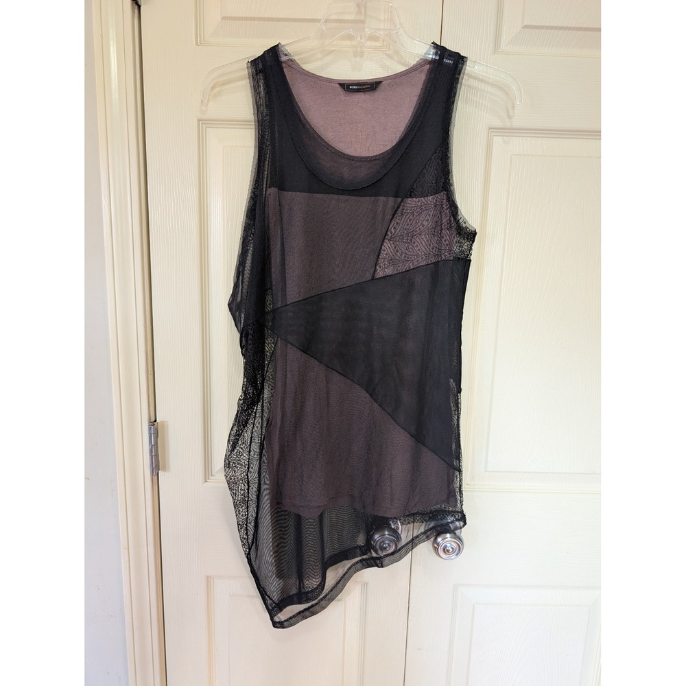 BCBGMAXAZRIA Y2K Grunge Asymmetrical Mesh Lace Overlay Tank Top Black Mauve M